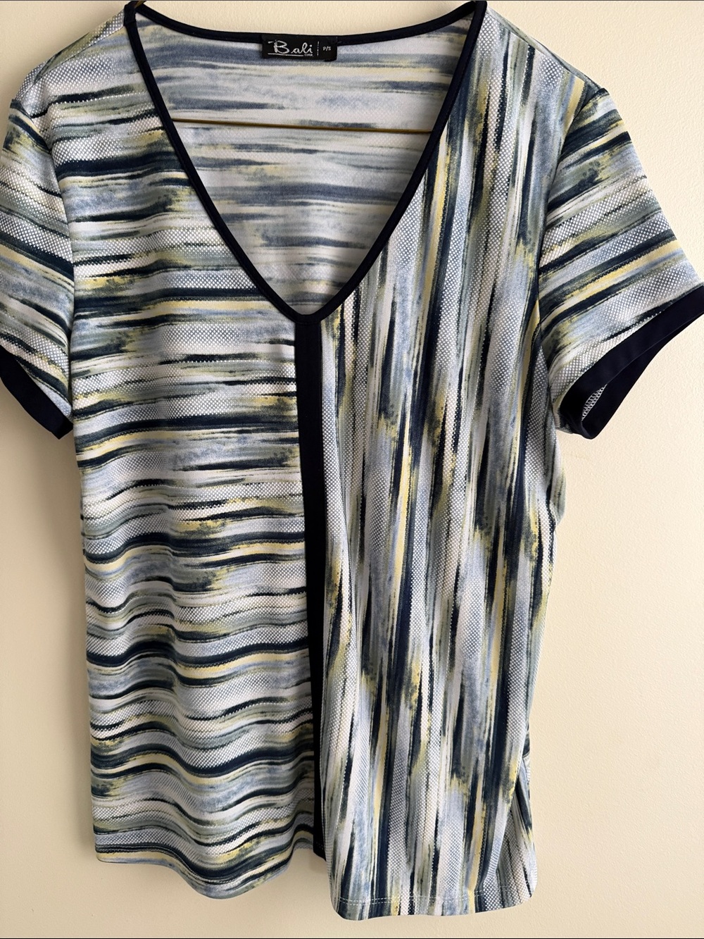 Bali V-Neck Short Sleeve Top in Blue, Cream and Navy Stripe